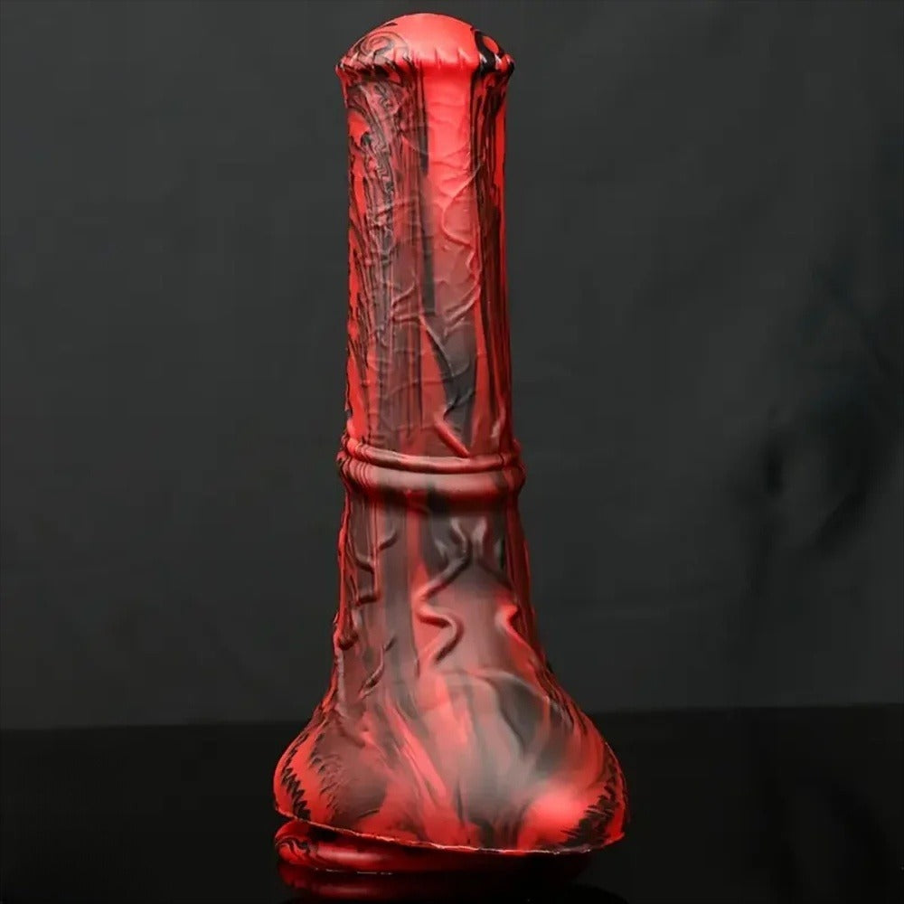 8 inch black and red mixed color horse dildo front view