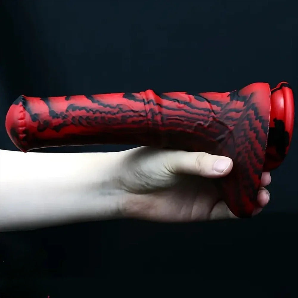 Black and red 8-inch horse penis and arm comparison