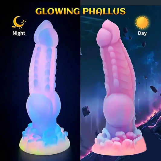 8.14inch Fantasy Luminous Monster Colorful Dildo Day and night comparison