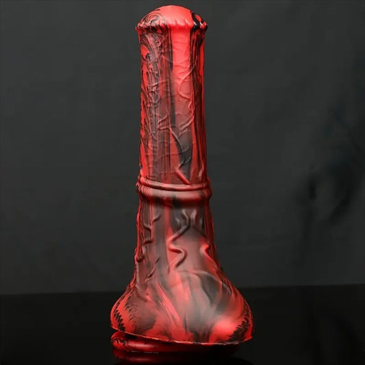 8 inch black and red mixed color horse dildo front view